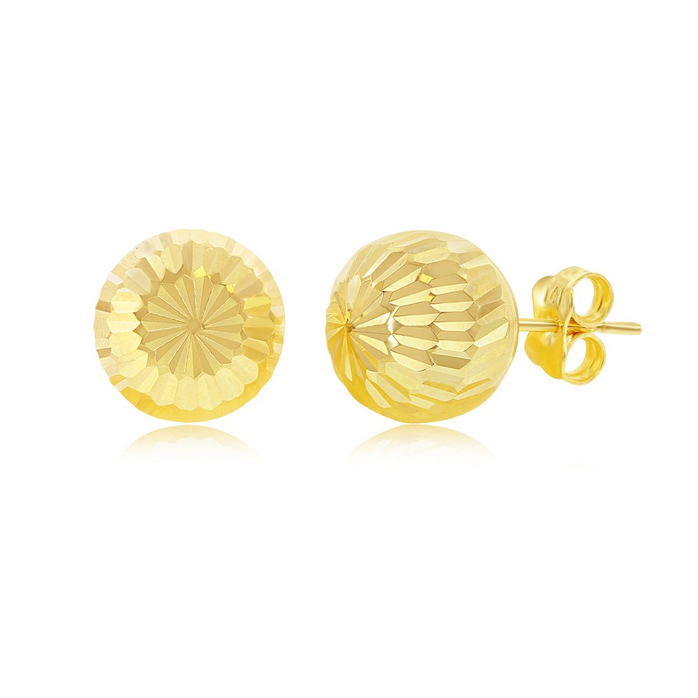 Yellow Gold Lined & Diamond-Cut 10mm Bead Studs - 14K Gold