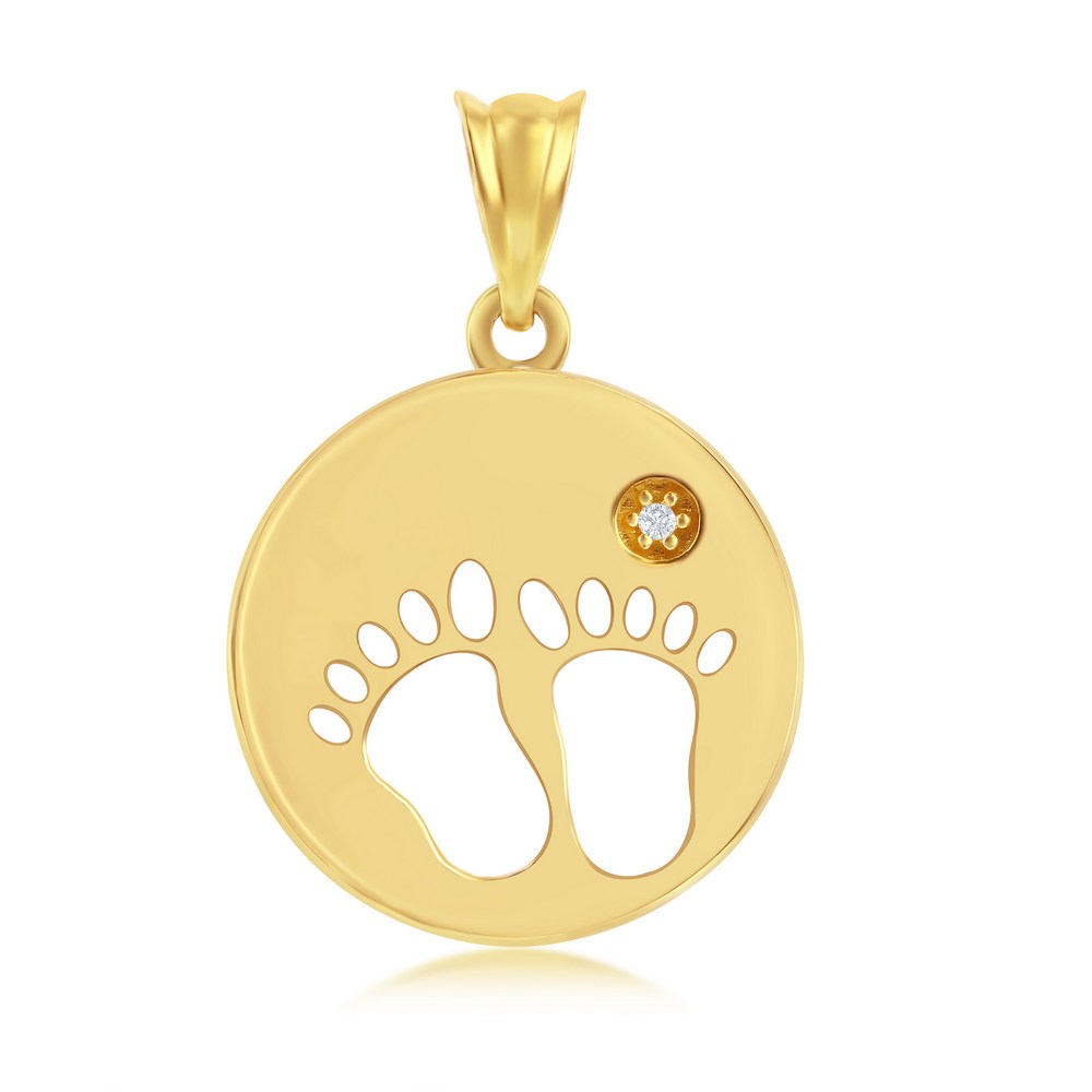 Yellow Gold Open Foot Print Circle W/ CZ Pendant - 14K Gold