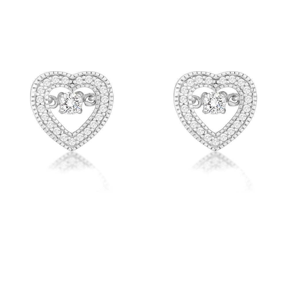 Sterling Silver Micro Pave with Center Dancing/Shimmering CZ Heart Earrings