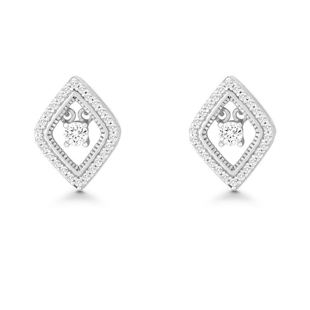 Sterling Silver Micro Pave with Center Dancing/Shimmering CZ Diamond Shaped Earrings