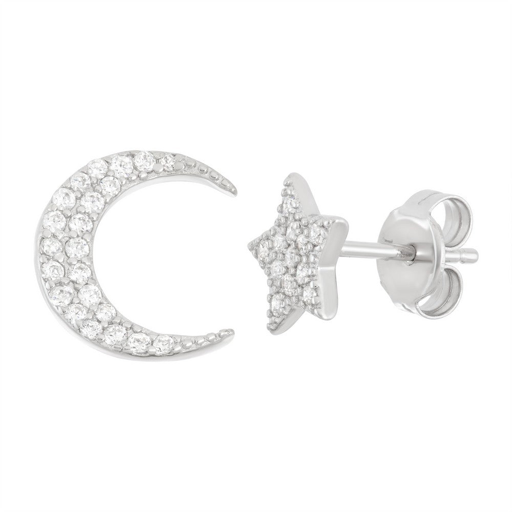 Sterling Silver CZ Half Pair Star and Half Pair Crescent Moon Stud Earrings