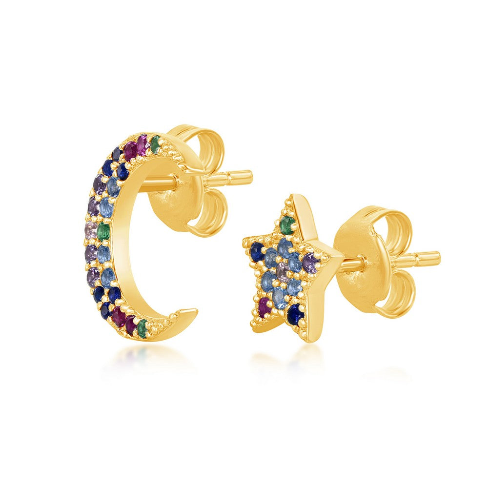 Sterling Silver Crescent Moon and Star Rainbow CZ Stud Earrings - Gold Plated