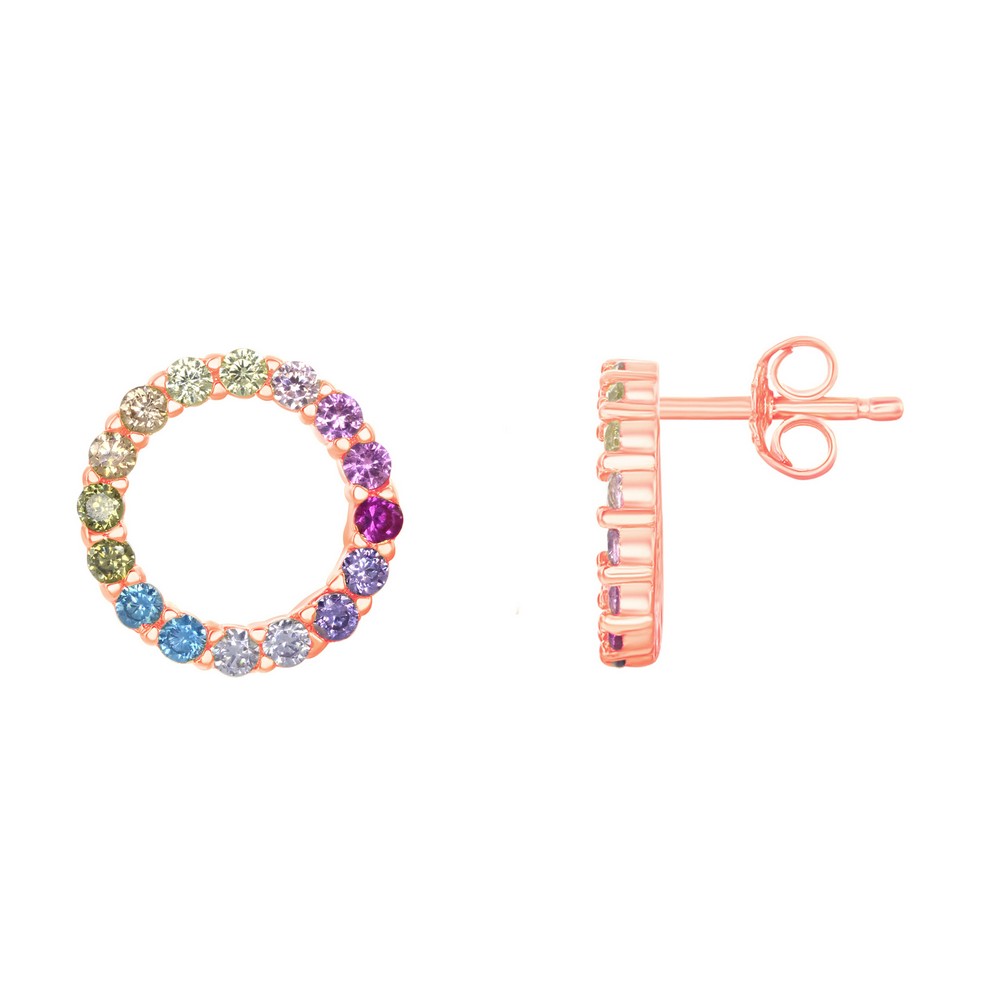 Sterling Silver Rainbow CZ Open Circle Stud Earrings - Rose Gold Plated