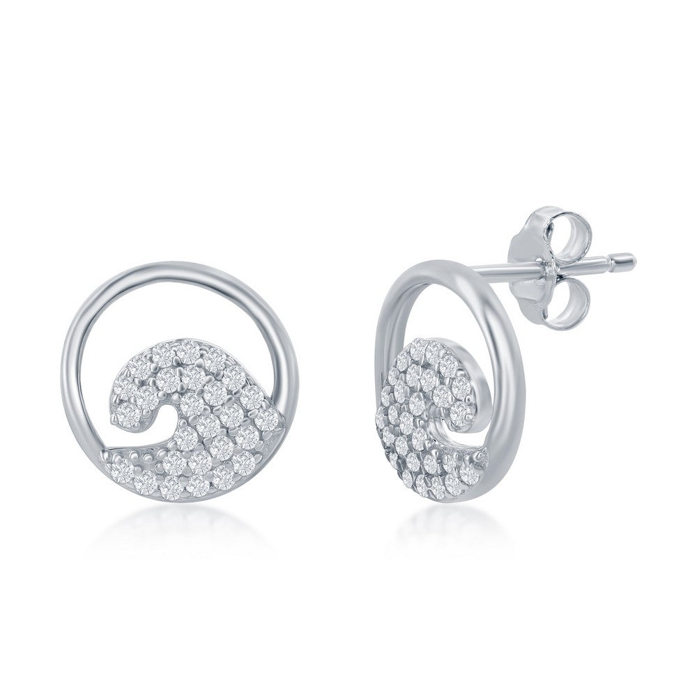 Sterling Silver CZ Wave Stud Earrings