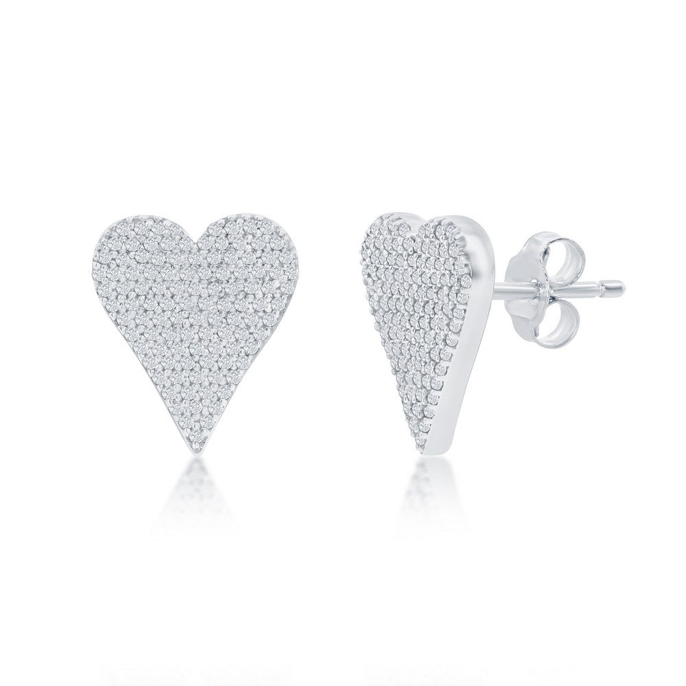 Sterling Silver, Heart Design Diamond Stud Earrings - (118 Stones)