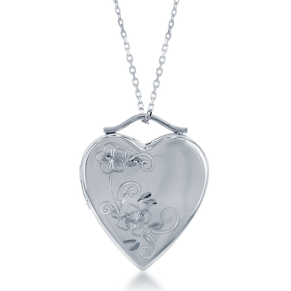 Sterling Silver Floral Design Heart Locket W/chain