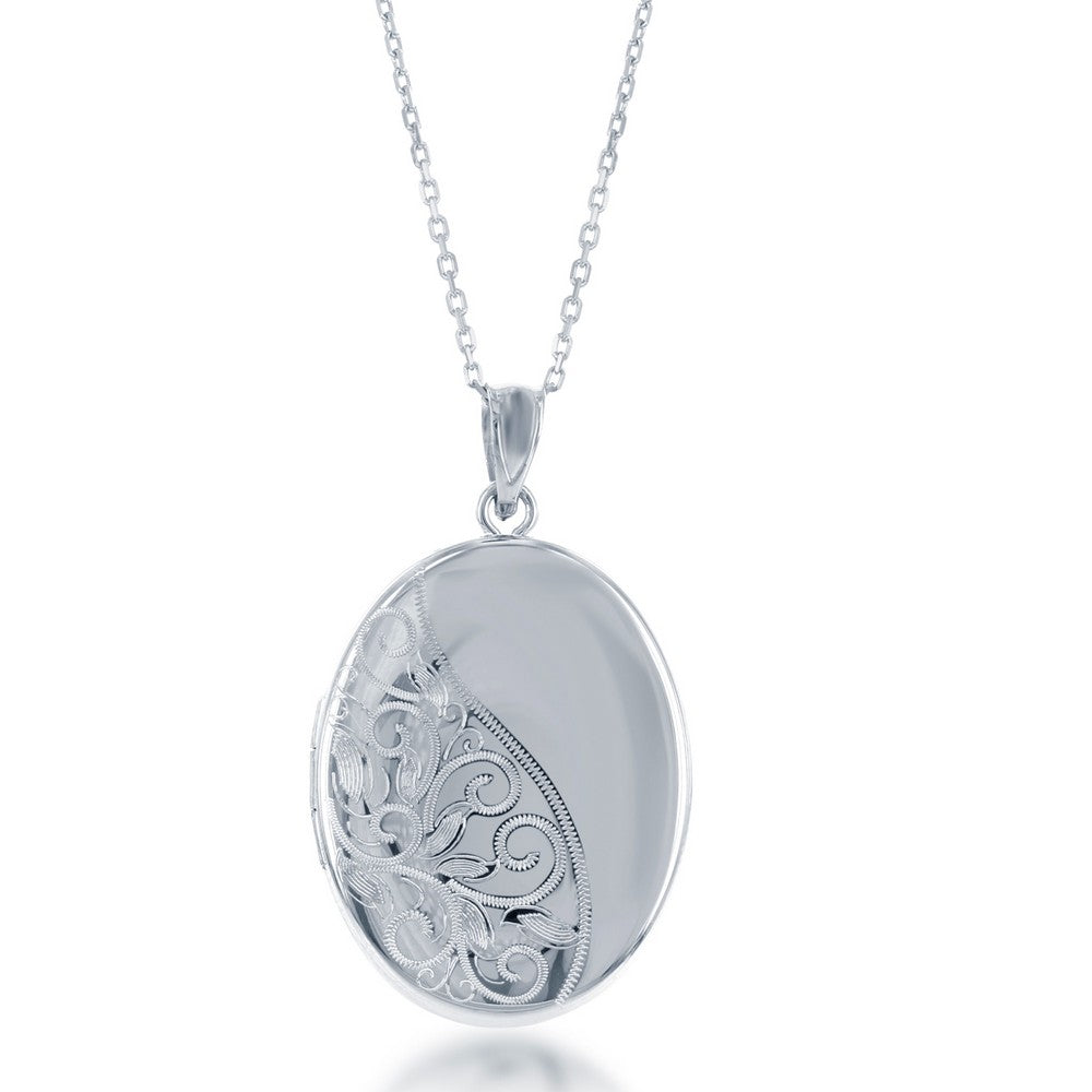 Sterling Silver Oval Half Designed Half Shiny Locket W/chain
