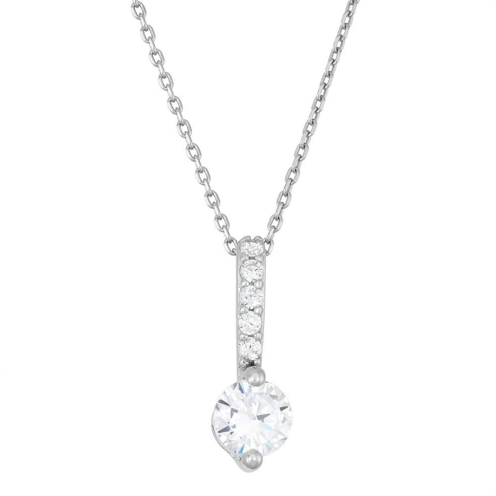 Sterling Silver Thin Bar with Round Stud CZ Pendent - White