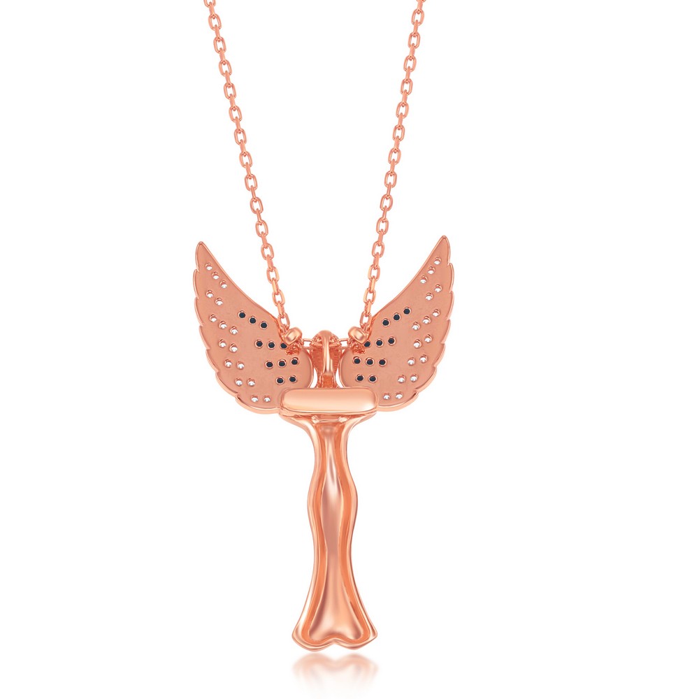 Sterling Silver CZ Angel Pendant W/Movable Wings - Rose Gold Plated