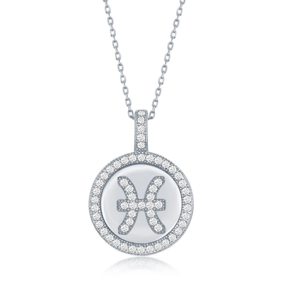 Sterling Silver Micro Pave 'Pisces' Zodiac Disc Pendant W/ Chain