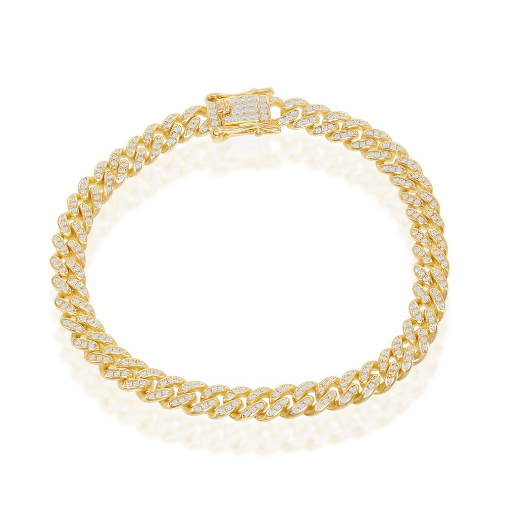 Sterling Silver Micro Pave CZ, 6.5mm Miami Cuban Bracelet - Gold Plated