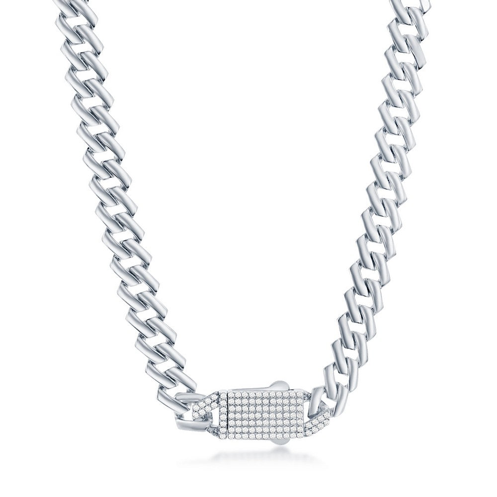 Sterling Silver 9mm Square Cuban Chain w/Micro Pave CZ Lock