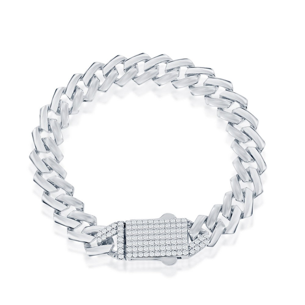 Sterling Silver 9mm Square Cuban Bracelet w/Micro Pave CZ Lock