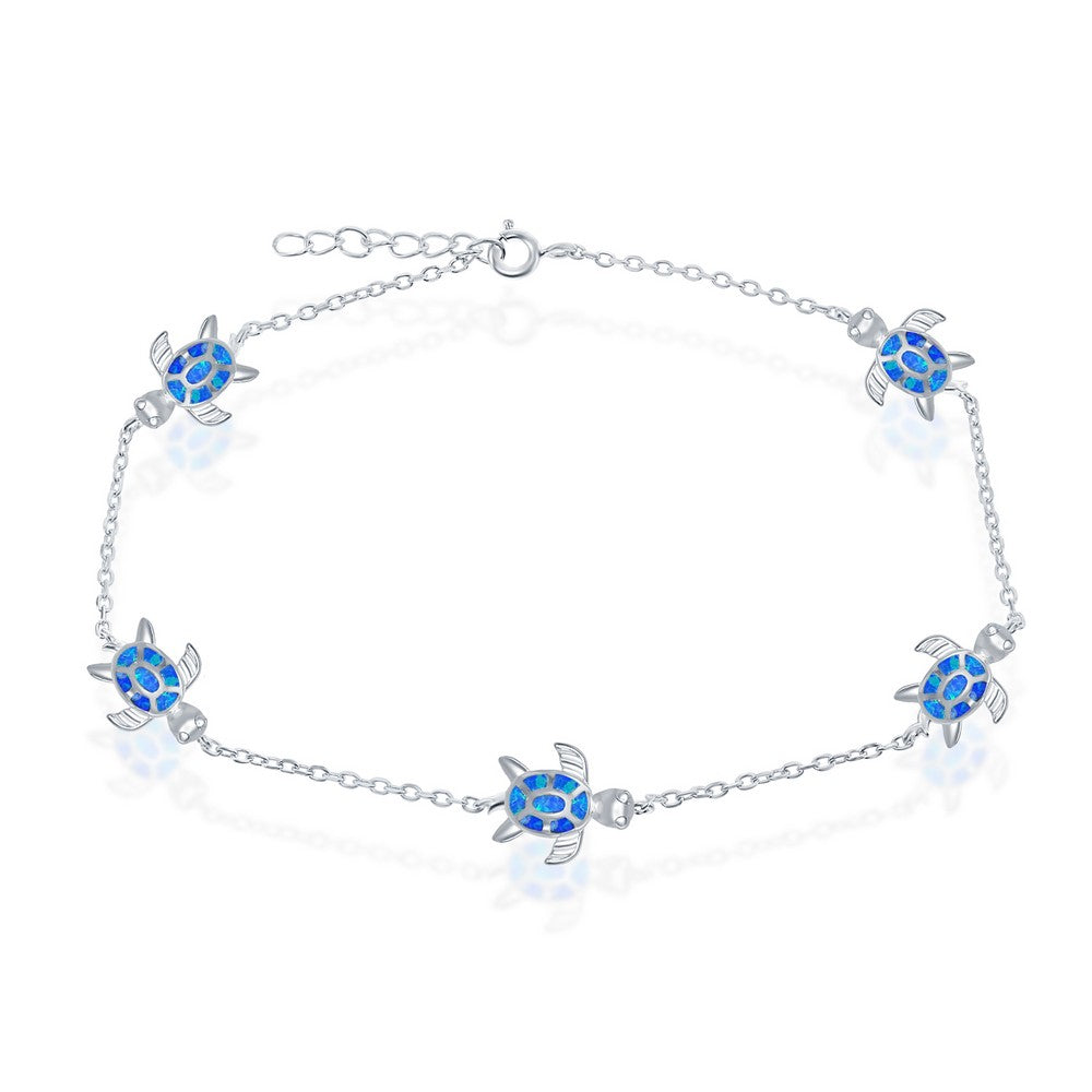 Sterling Silver Opal Turtle Anklet - Blue Inlay