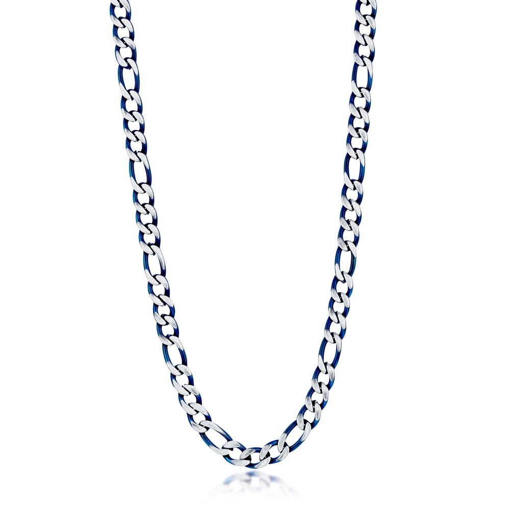 Stainless Steel 7mm Figaro Chain Necklace - Brushed & Blue IP Plated