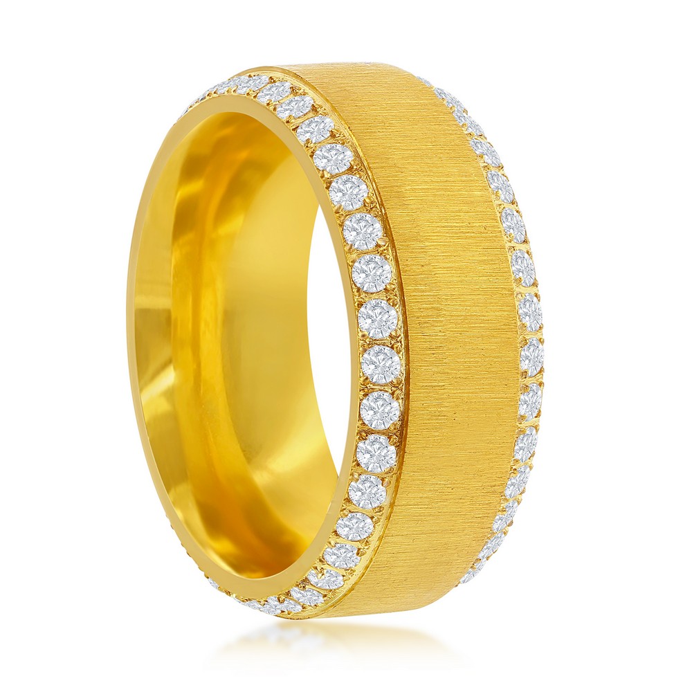 tainless Steel Double Row CZ Eternity Satin Band Ring - Gold Plated