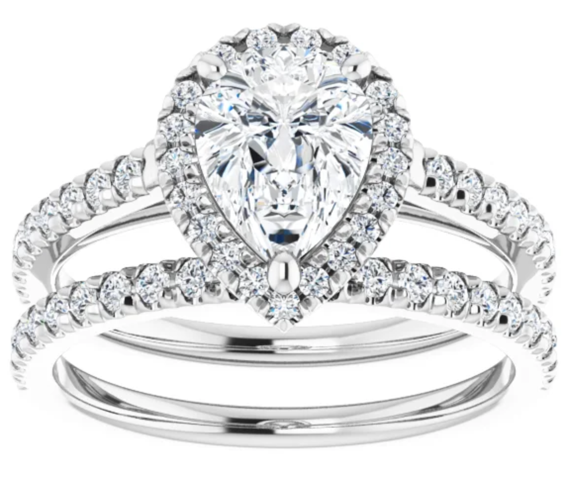 Halo Pear Shape Diamond Engagement Ring 14K White Gold