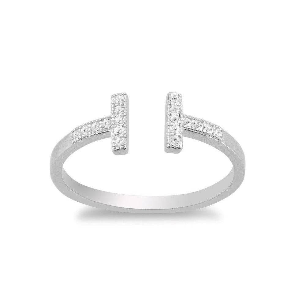 Sterling Silver CZ Double T Ring