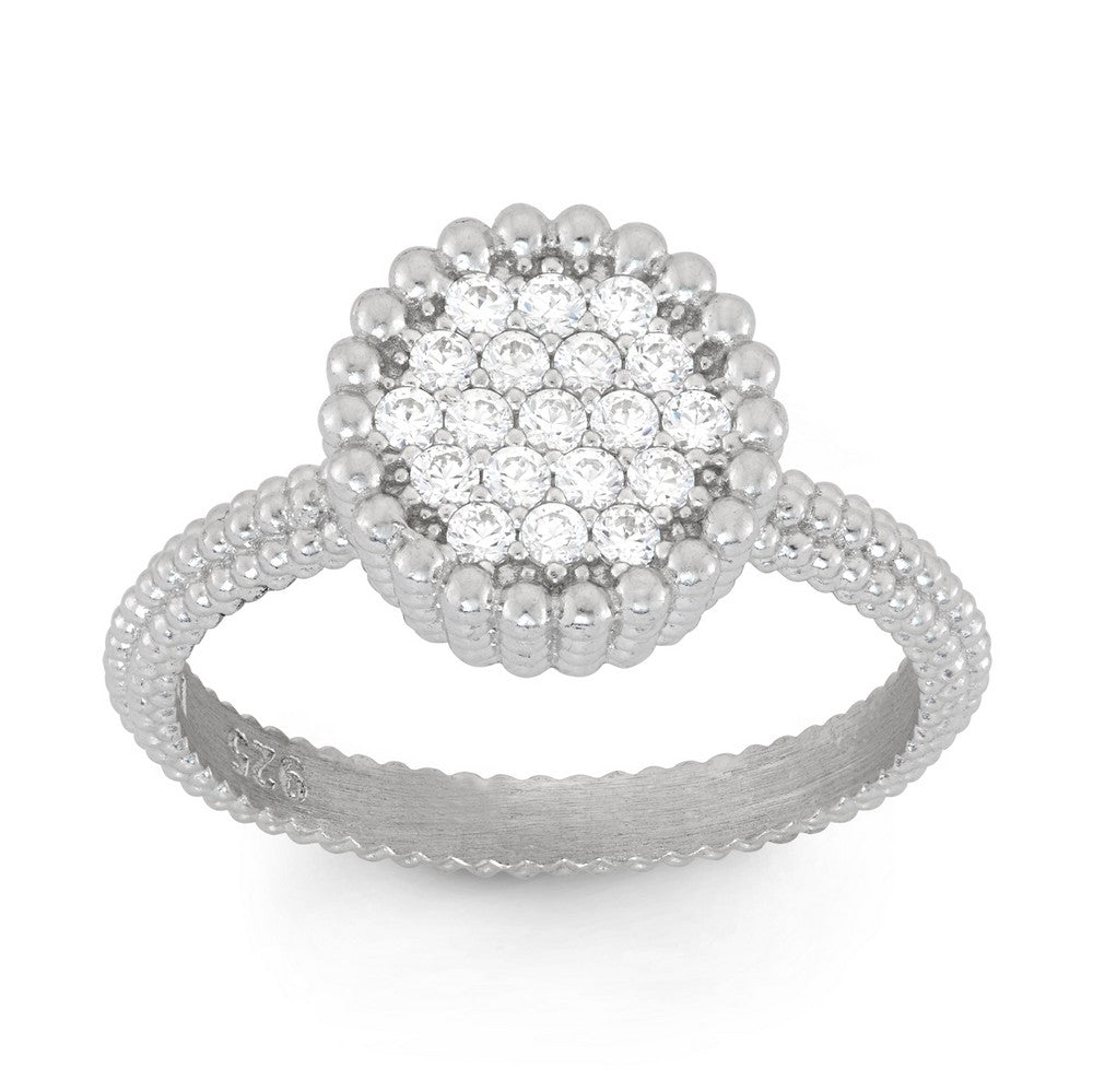Sterling Silver Small Round CZ with Beaded Border Ring