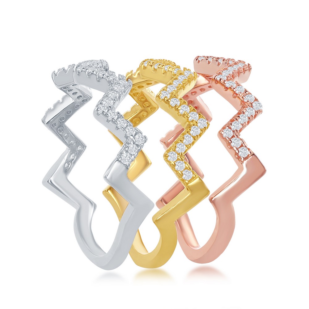 Sterling Silver GP and Rose GP CZ Wavy Triple Band Ring