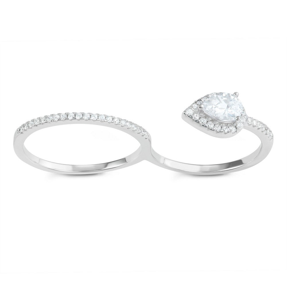 Sterling Silver CZ Band and Open Teardrop CZ Double Finger Ring
