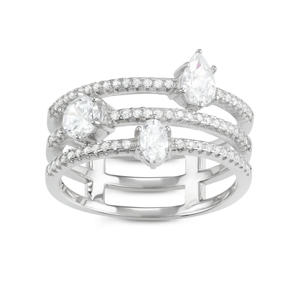 Sterling Silver Triple CZ with Oval, Round, and Teardrop CZ Ring