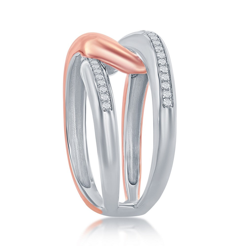 Sterling Silver Two-Tone Rose Gold Plated Interlocking CZ Ring