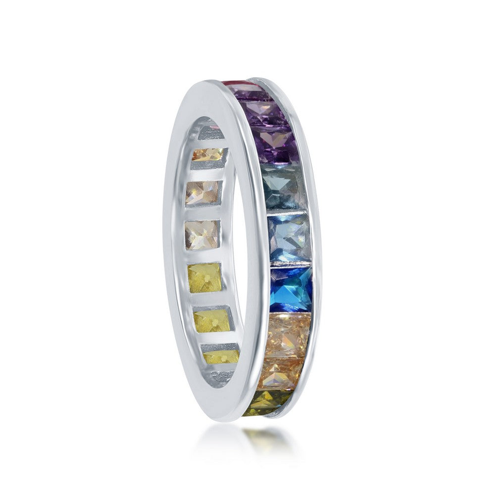 Sterling Silver Channel Set Rainbow CZ Eternity Band Ring