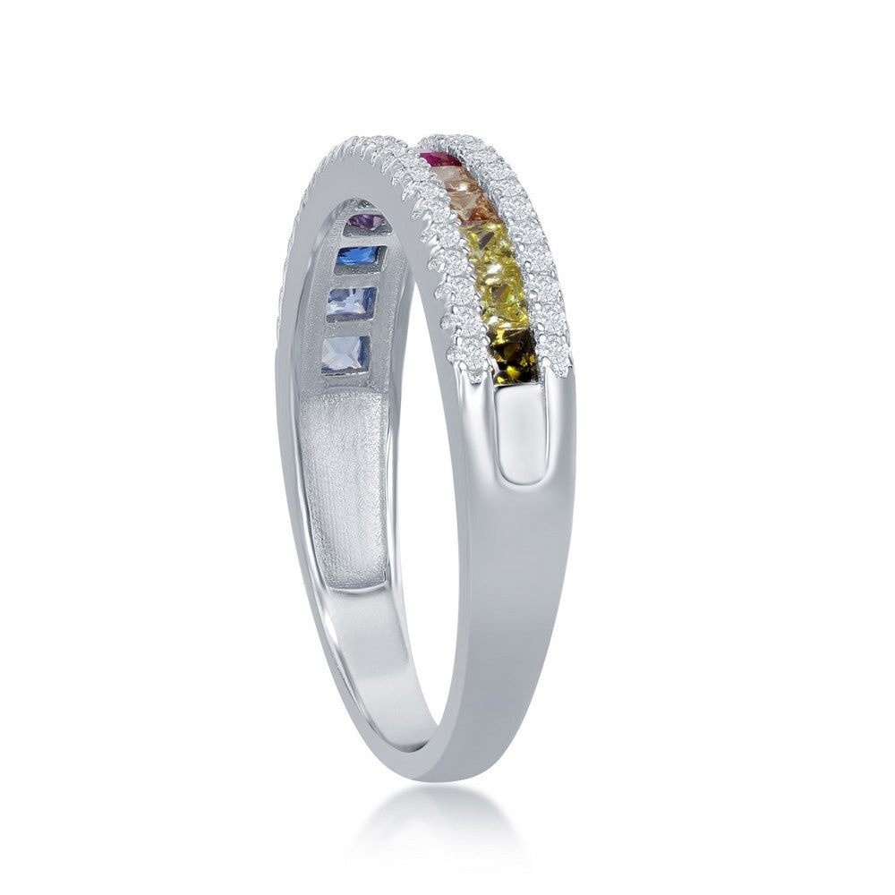 Sterling Silver Half Channel-Set Rainbow CZ with White CZ Border Ring
