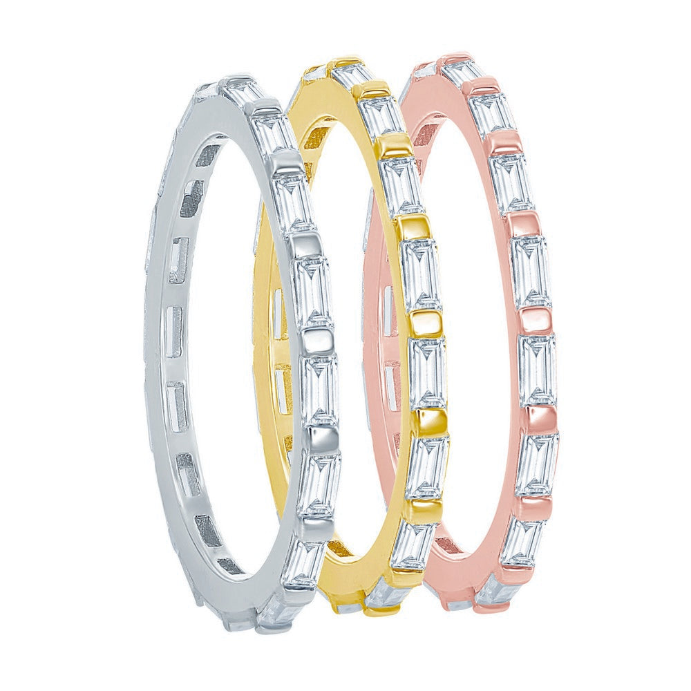 Sterling Silver Tri-Color Baguette CZ and Beaded Eternity Triple Band Ring