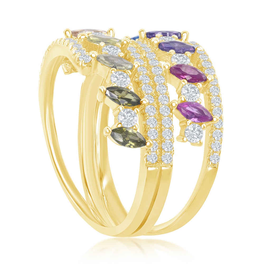 Sterling Silver Multi-Color Marquise CZ Double Ring - Gold Plated