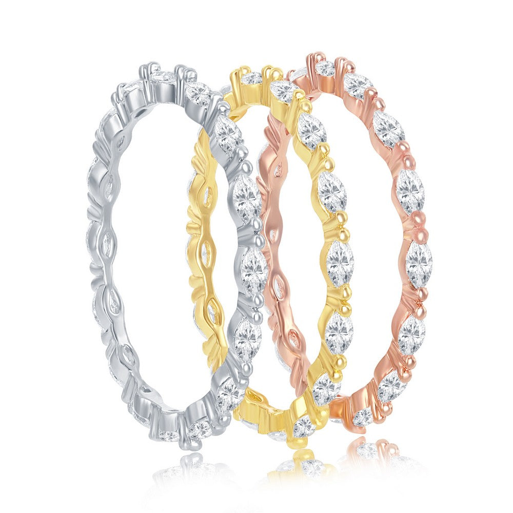 Sterling Silver Marquise CZ 2mm Eternity Triple Band Ring - Tri Color