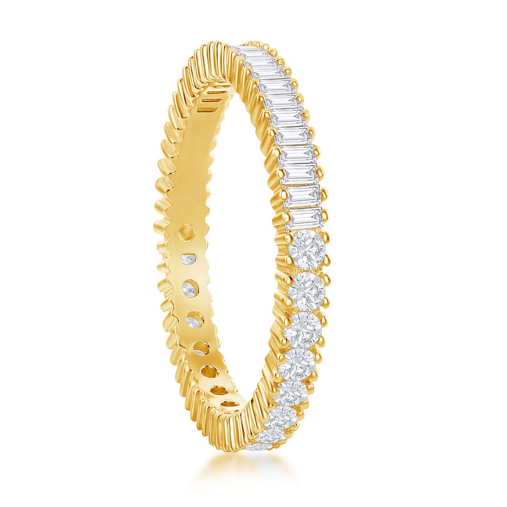 Sterling Silver Half Round and Half Baguette CZ Eternity Band Ring - Gold Plated