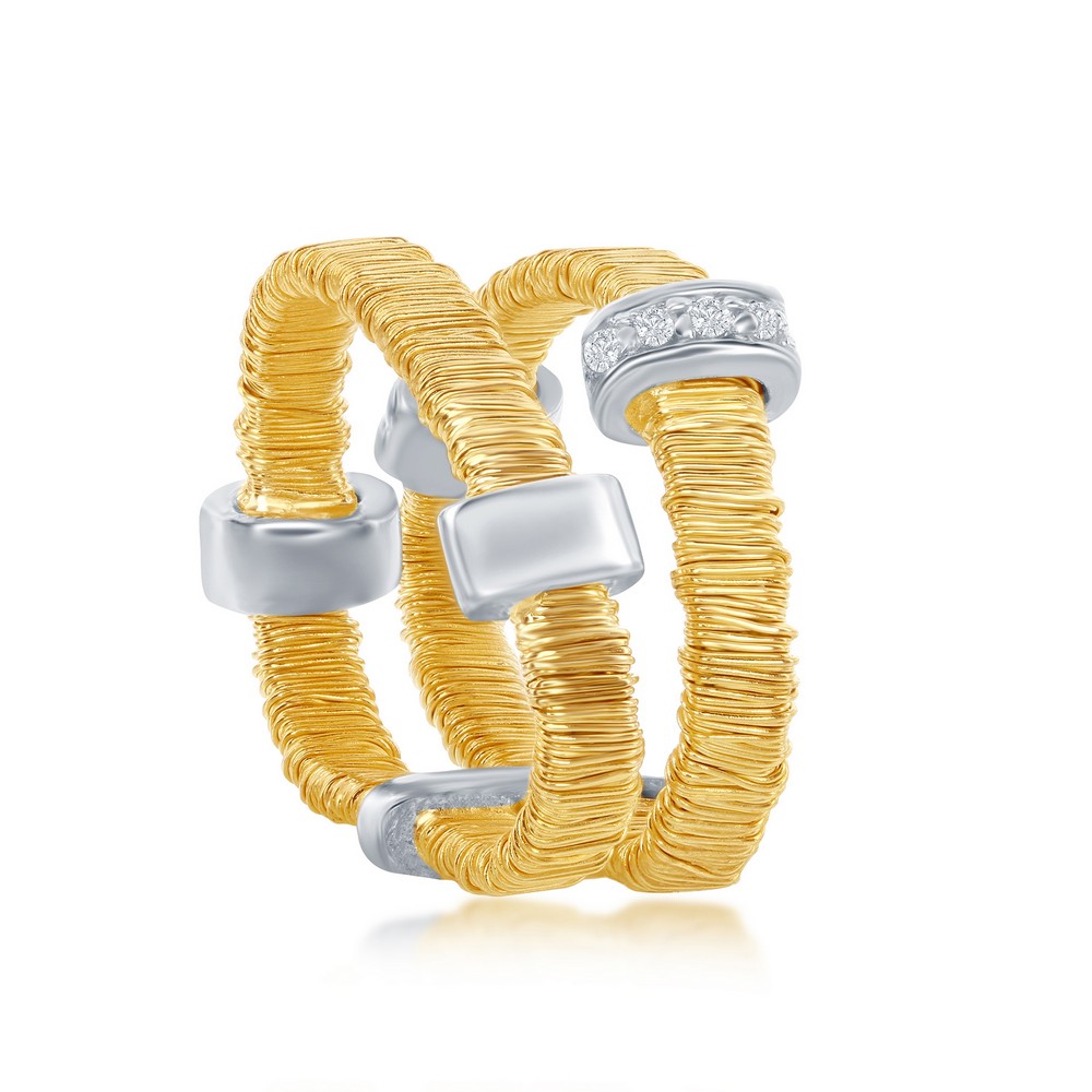 Sterling Silver GP "Gold Threads" Double Flexible Bands w/Alternating Silver and CZ Bars Ring