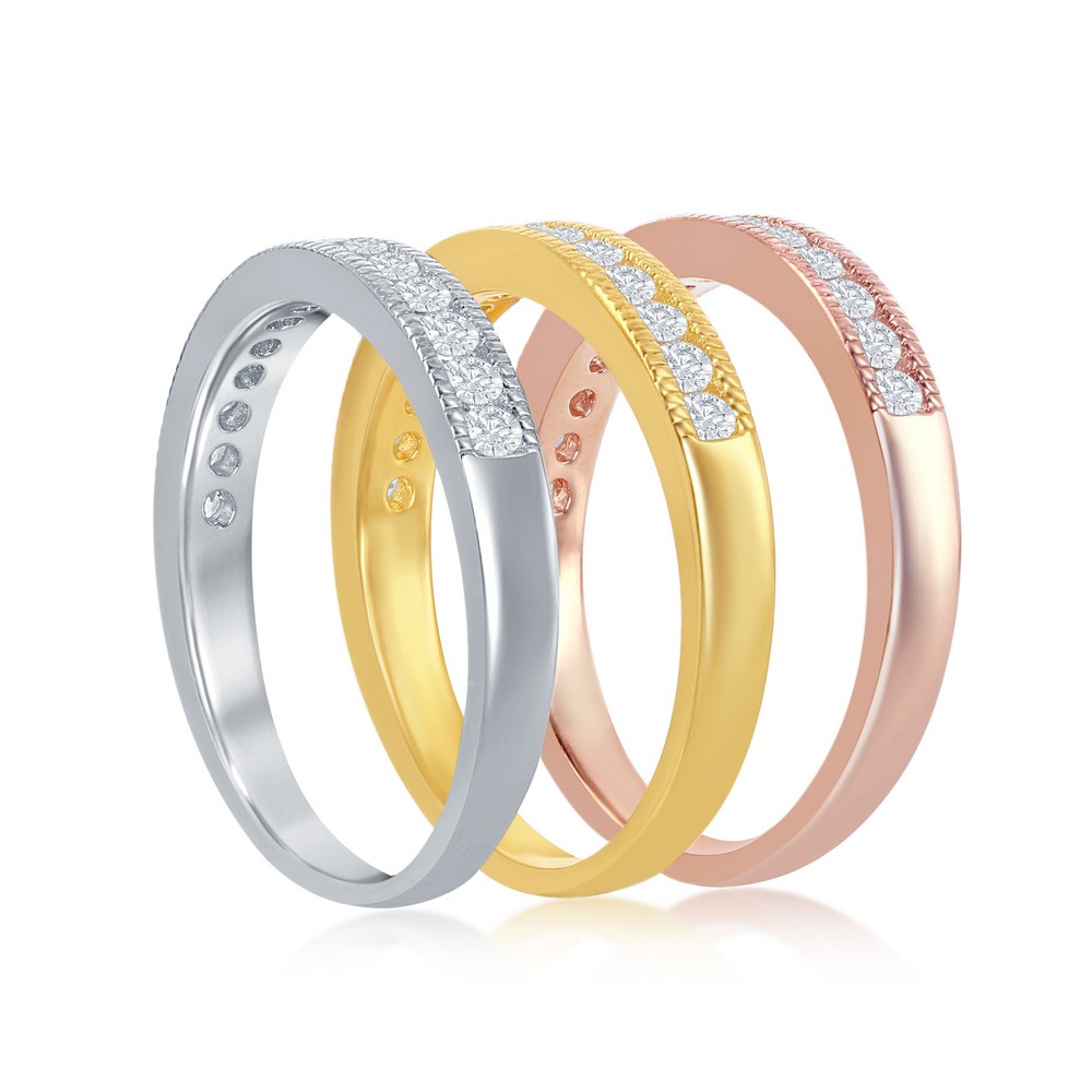 Sterling Silver 3 Band Silver, GP and Rose GP w/ Clear CZ Ring