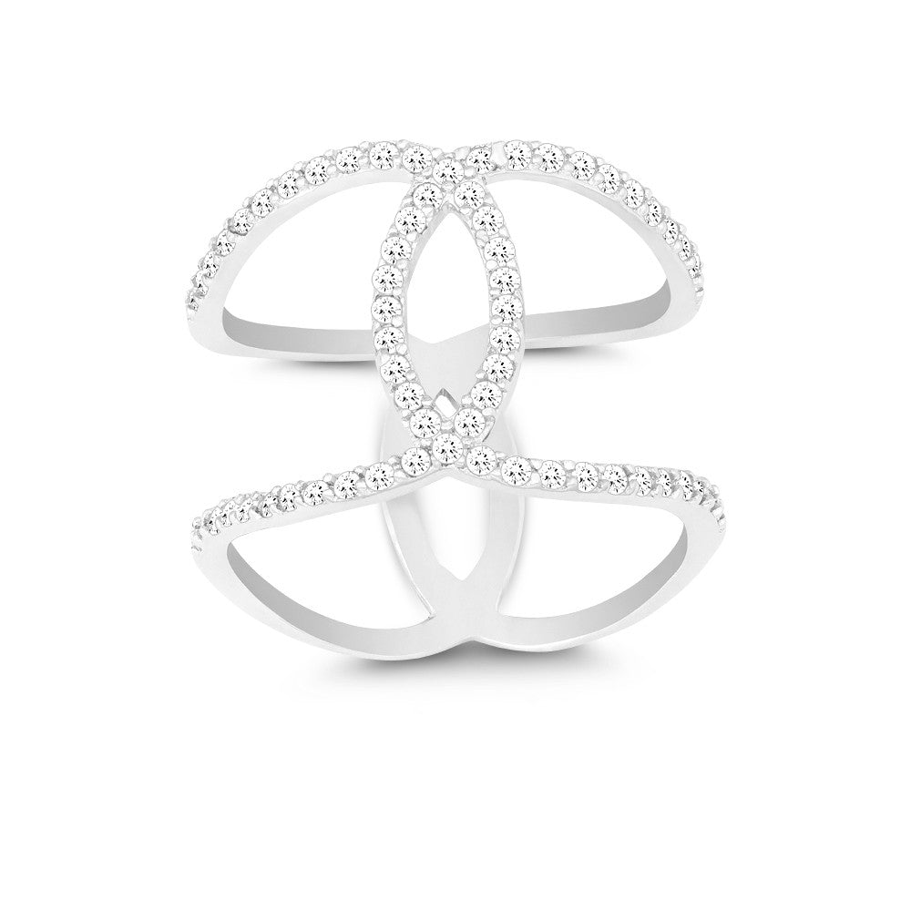 Sterling Silver Double CZ Wire with Center CZ Swirl Wide Ring