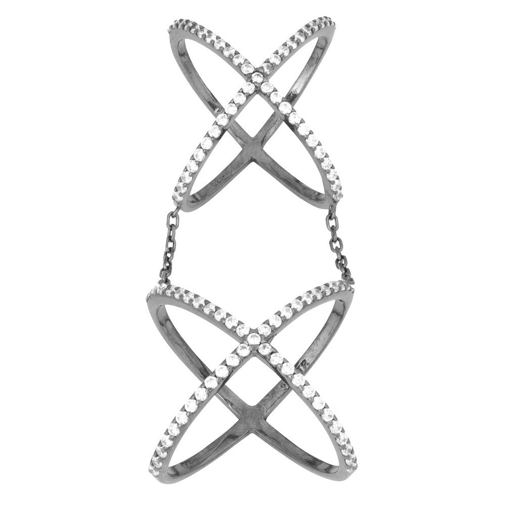 Sterling Silver CZ Double-X Style Ring - Black Rhodium