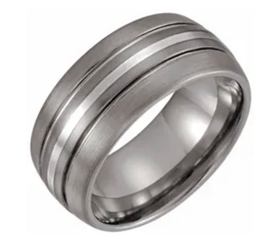 Tungsten & Sterling Silver 10 mm Grooved Band Size 10.5