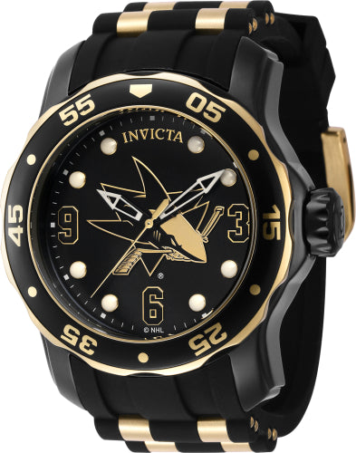 Invicta Men's 42318 NHL San Jose Sharks Quartz 3 Hand Black, White, Gold Dial Watch