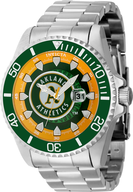 Invicta Men's 43473 MLB Oakland Athletics Quartz Multifunction Green, Yellow, Silver, White Dial Watch