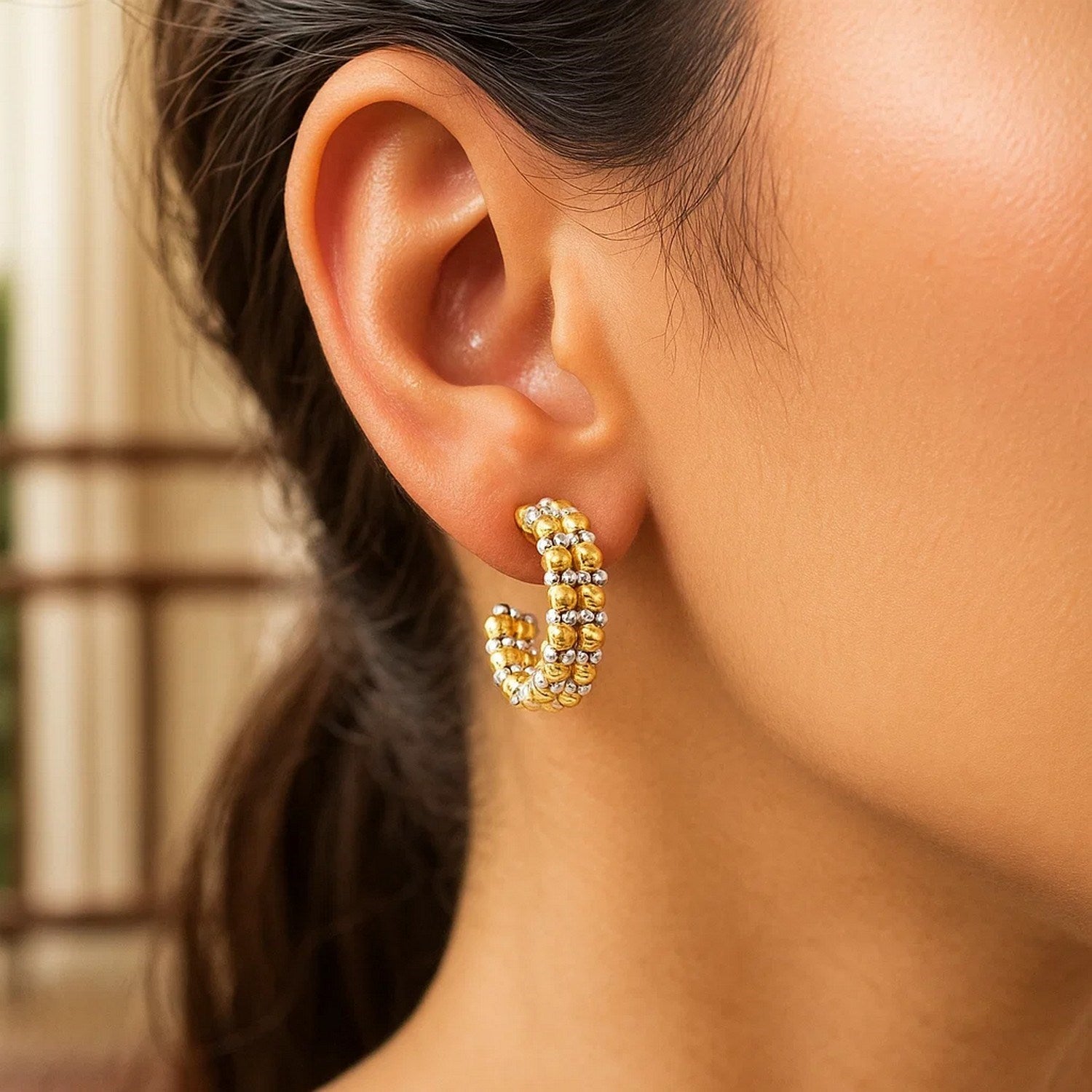 Hoop with Pallina Beads in 14K Two-Tone Gold