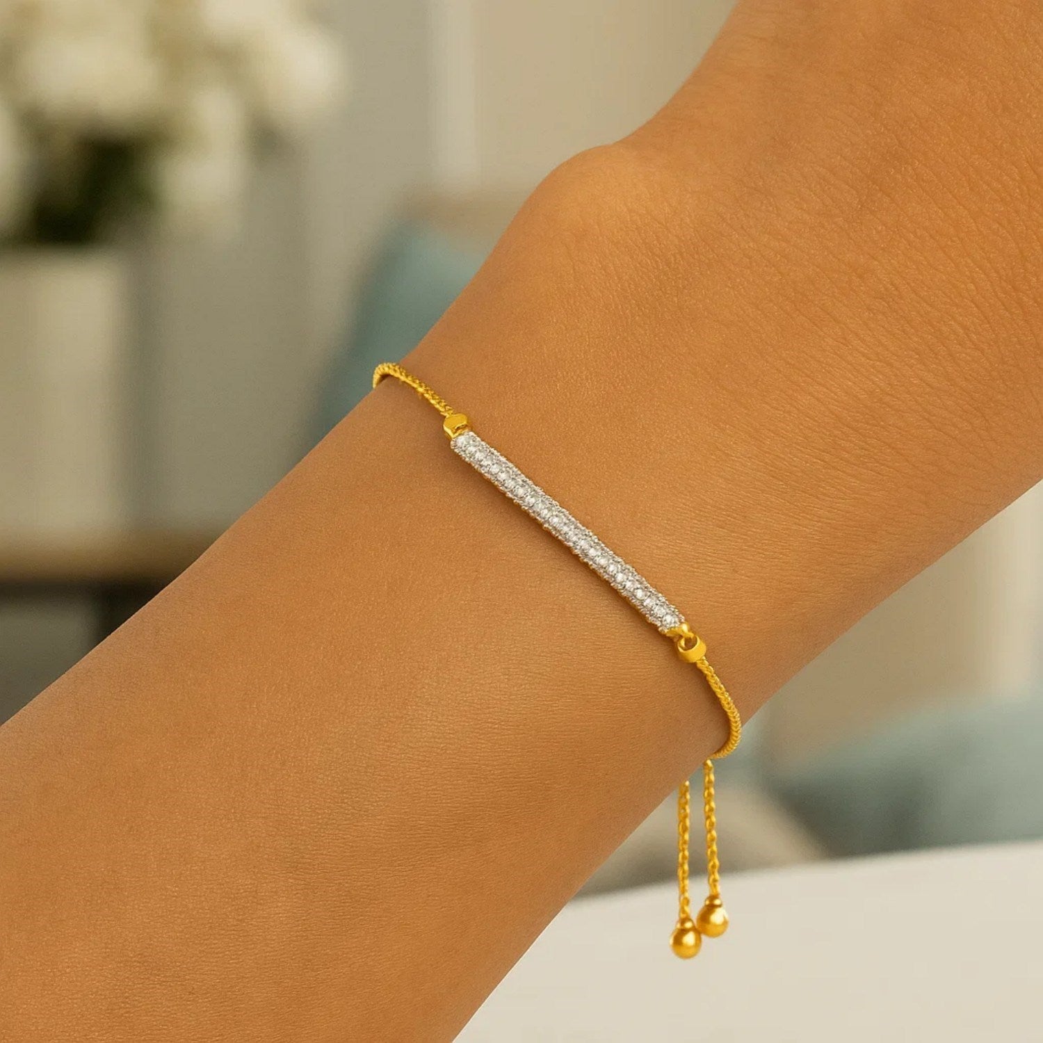 Adjustable with Textured Bar and Diamonds in 14KT Yellow Gold