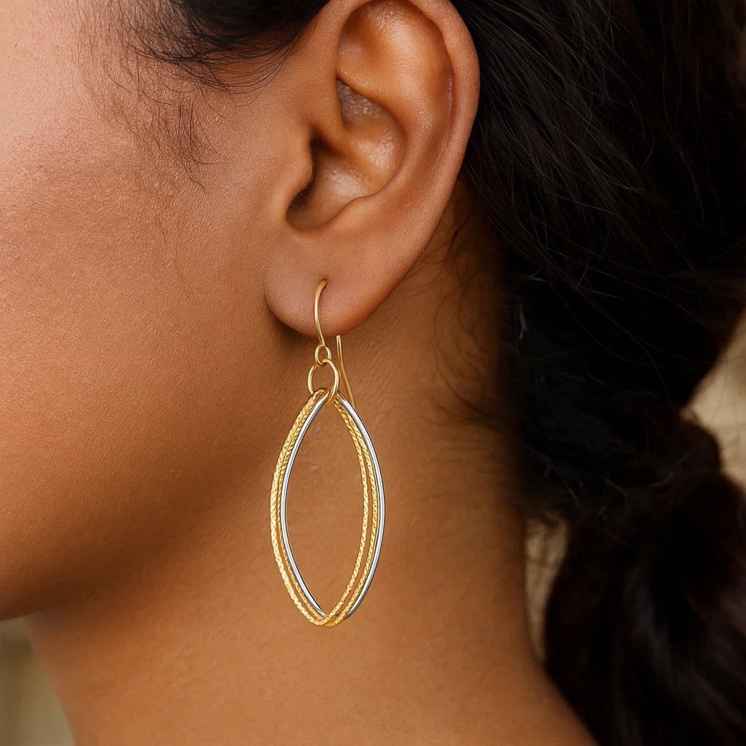 Textured Triple Oval Shape Drop in 14K Two-Tone Gold