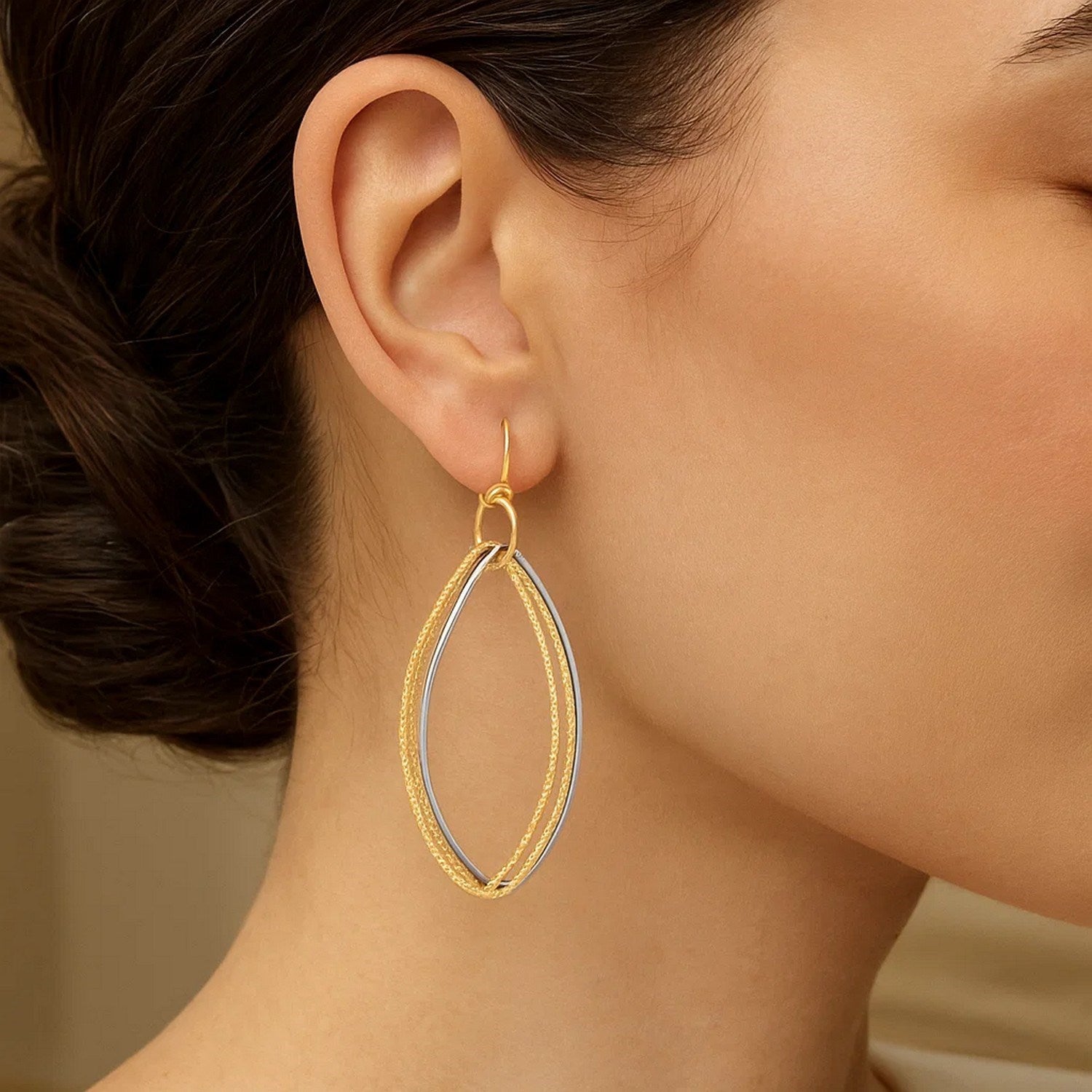 Textured Triple Oval Shape Drop in 14K Two-Tone Gold