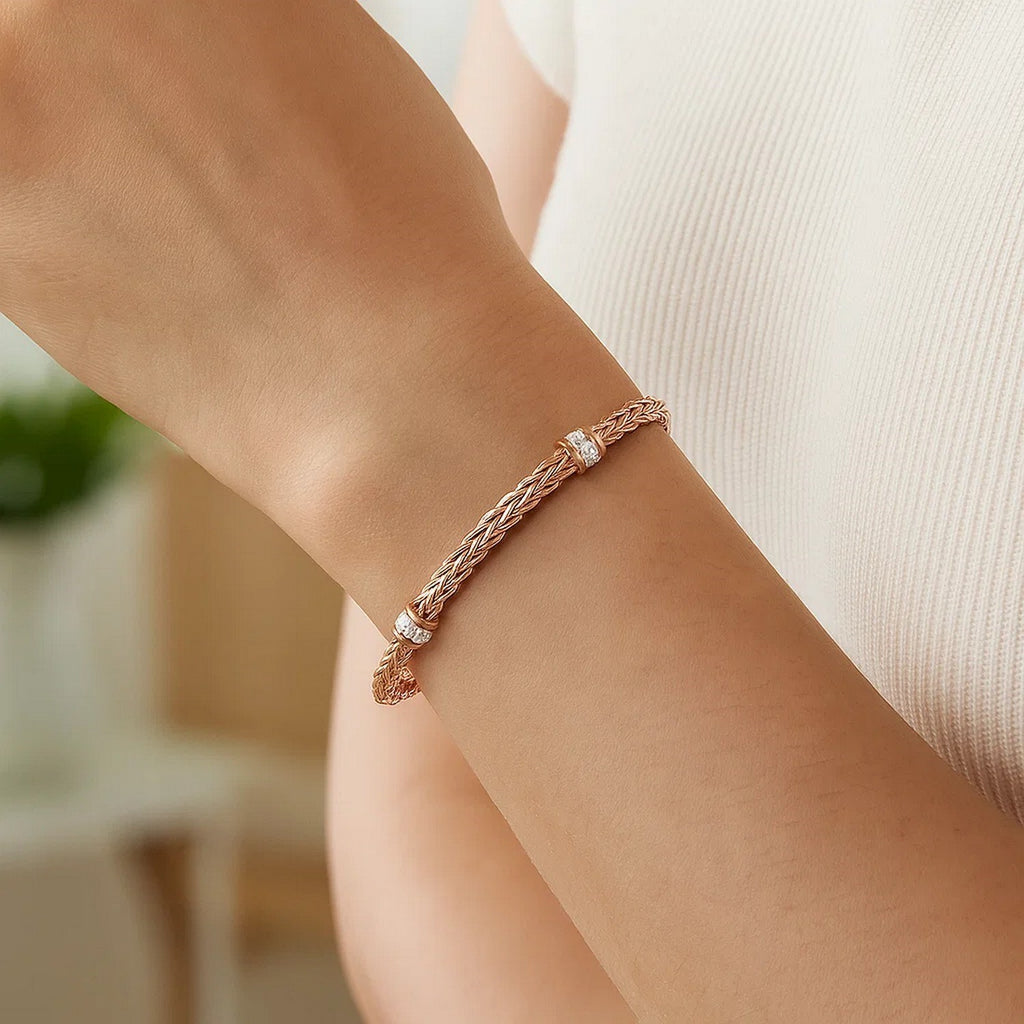 Polished Woven Rope with Diamond Accents in 14KT Rose Gold