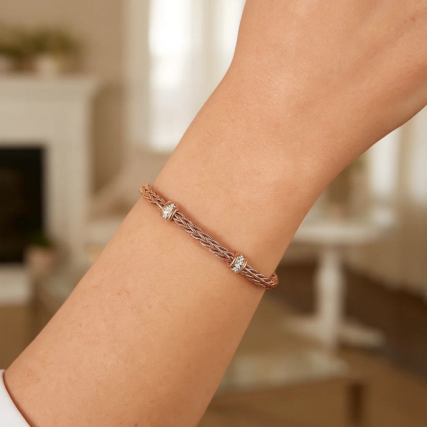 Polished Woven Rope with Diamond Accents in 14KT Rose Gold