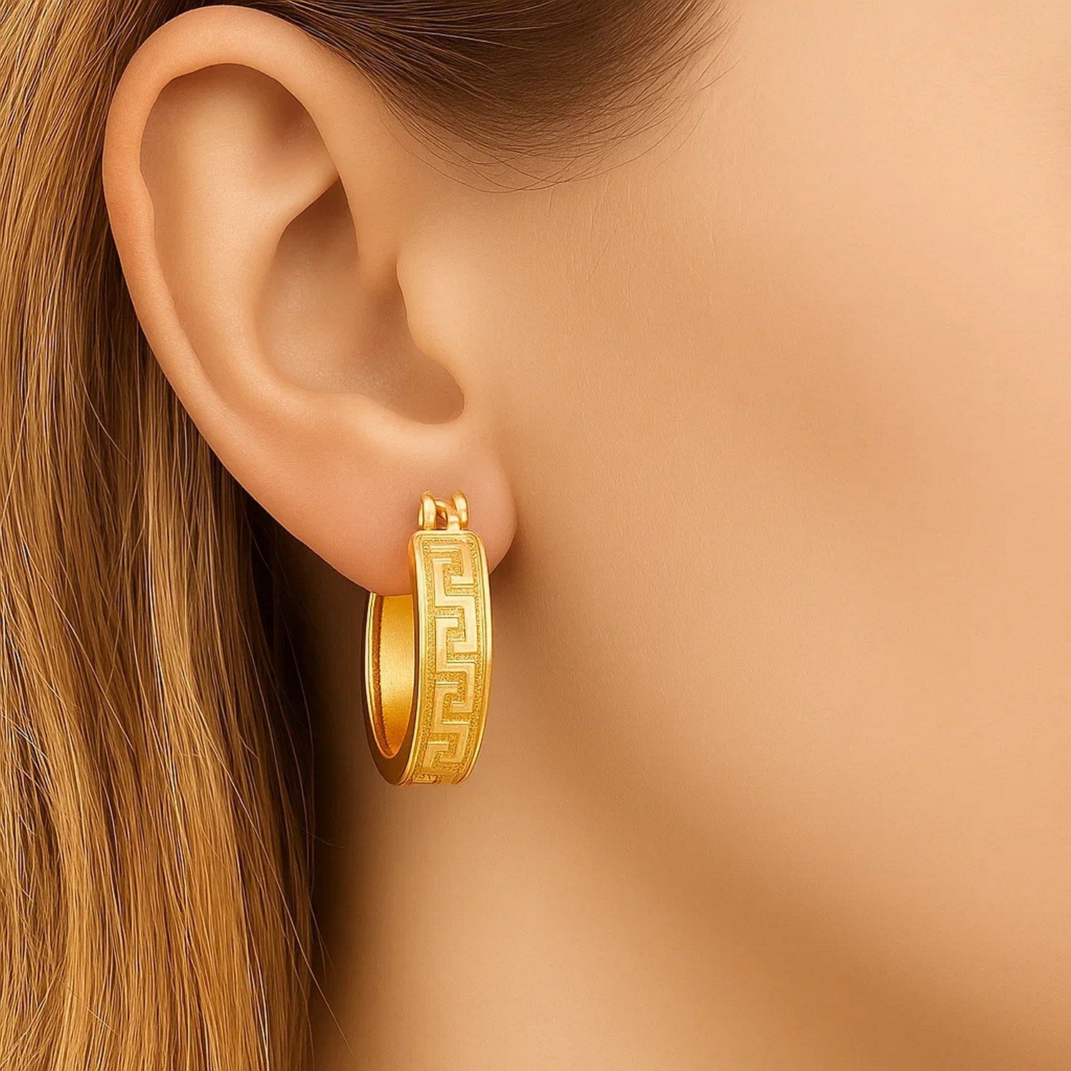 Greek Key Small Hoop in 14K Yellow Gold