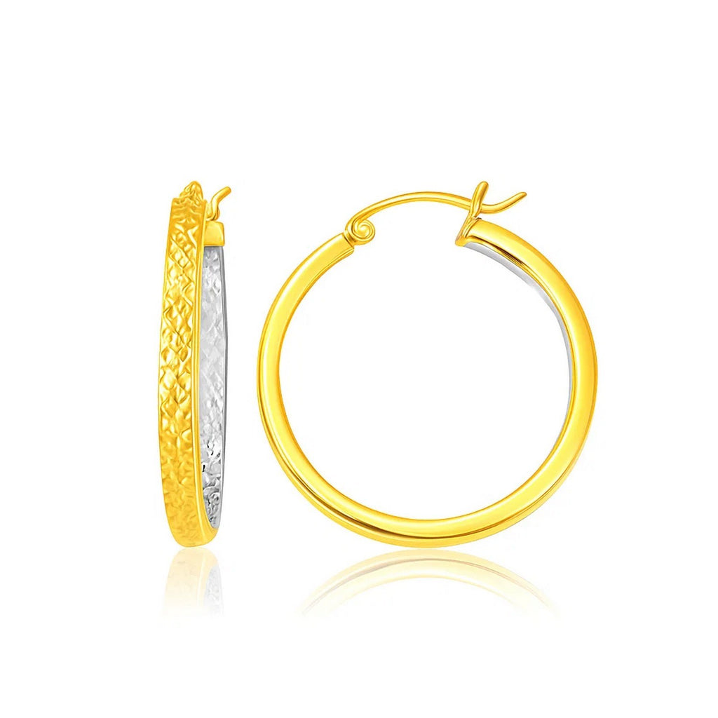 Two-Tone Yellow and White Medium Patterned Hoop in 14K Two-Tone Gold