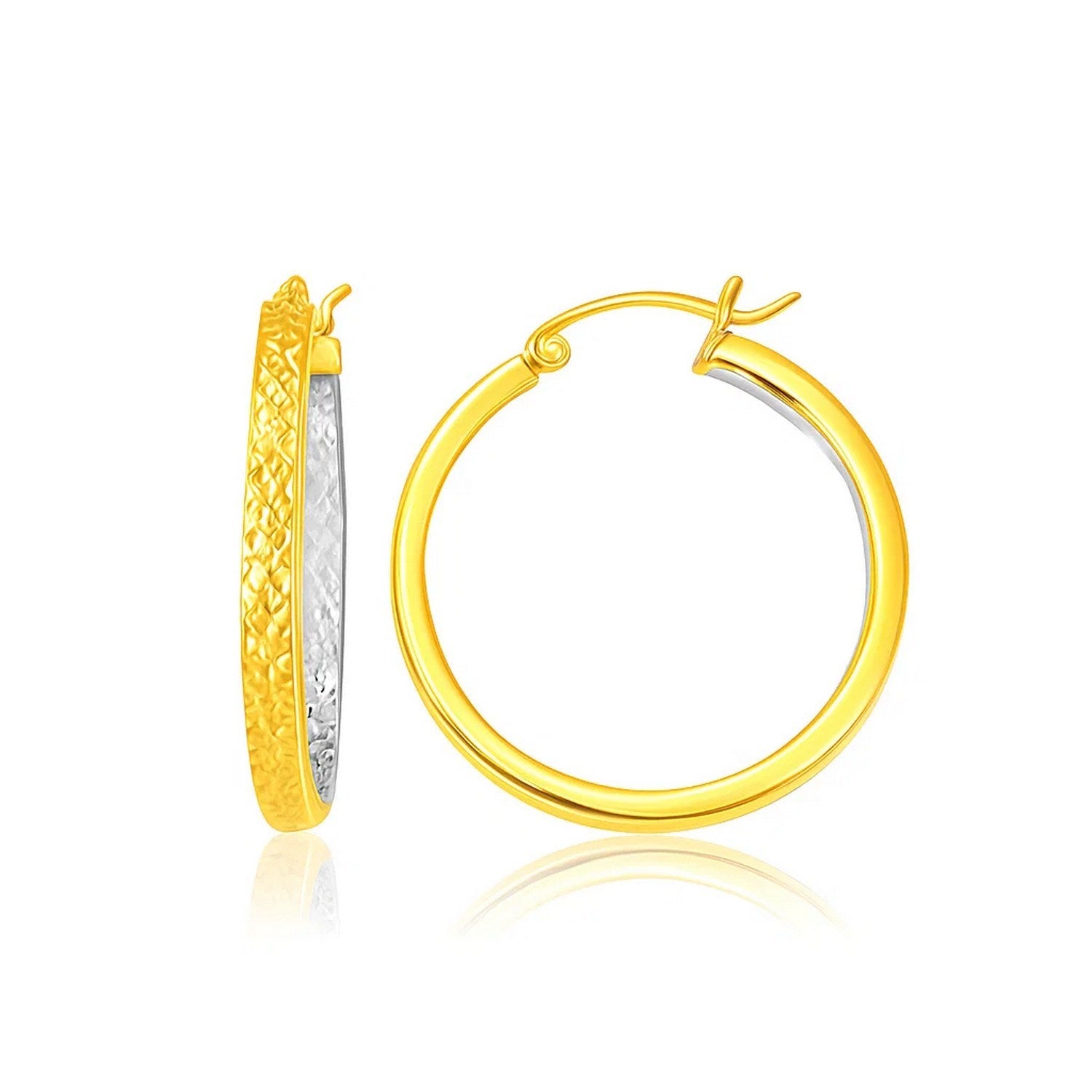 Two-Tone Yellow and White Medium Patterned Hoop in 14K Two-Tone Gold