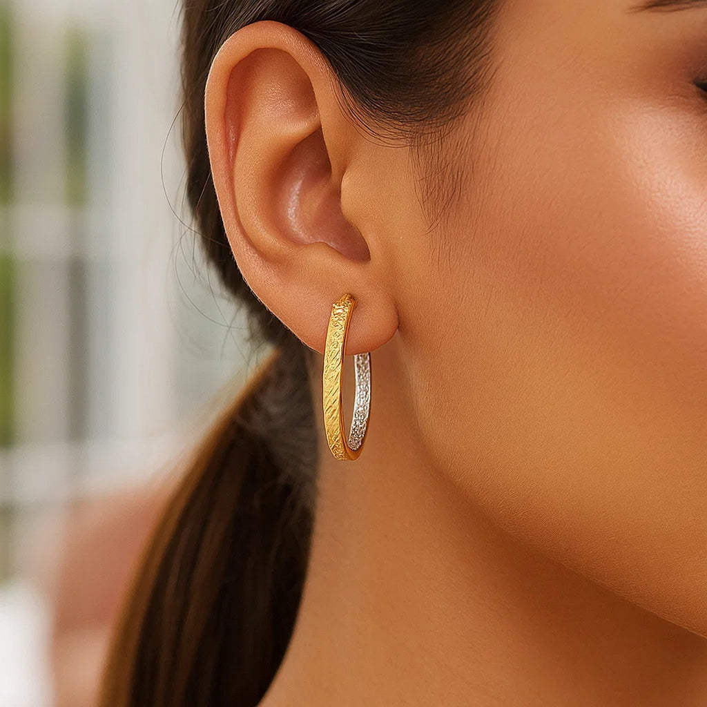 Two-Tone Yellow and White Medium Patterned Hoop in 14K Two-Tone Gold